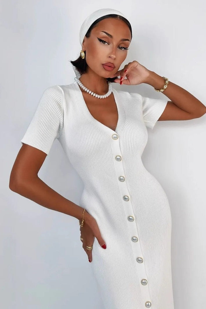 Waist Cinched V Neck Single Breasted Short Sleeve Knit Maxi Sweater Dress