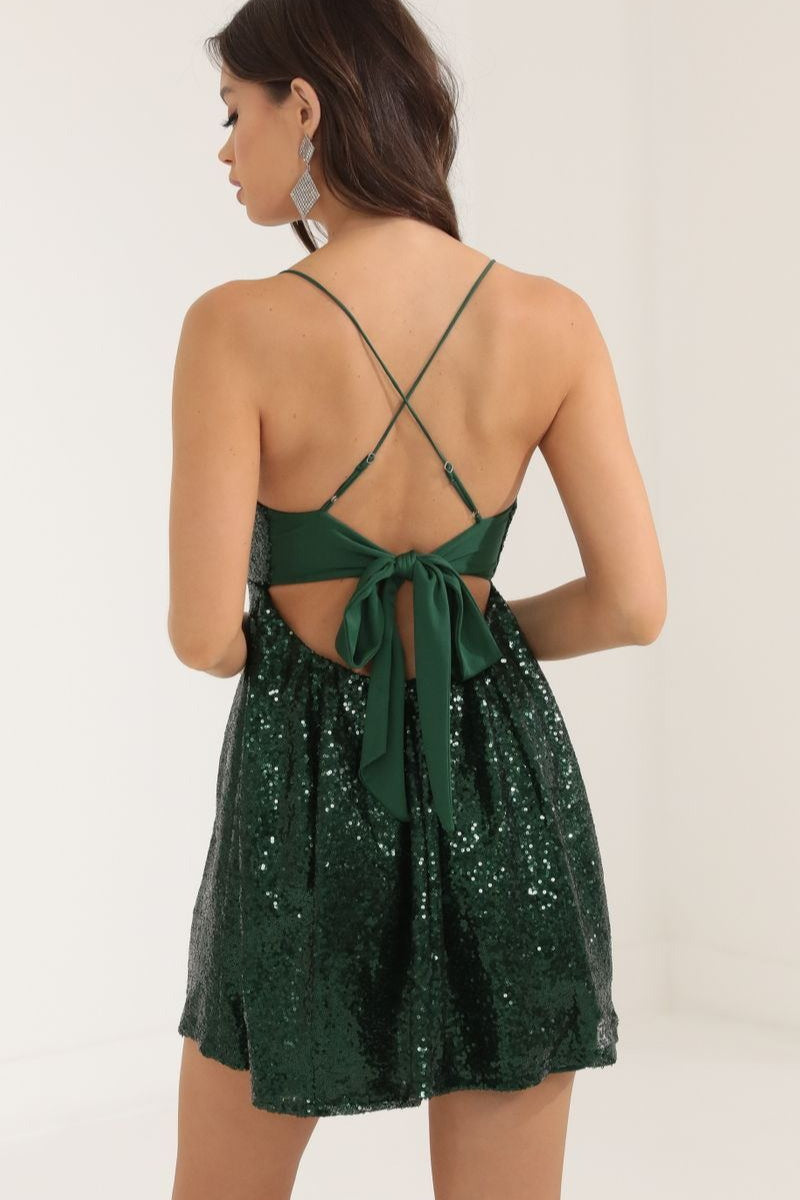 Spaghetti Strap Bow Contrast Chic Sexy Sequin Dress