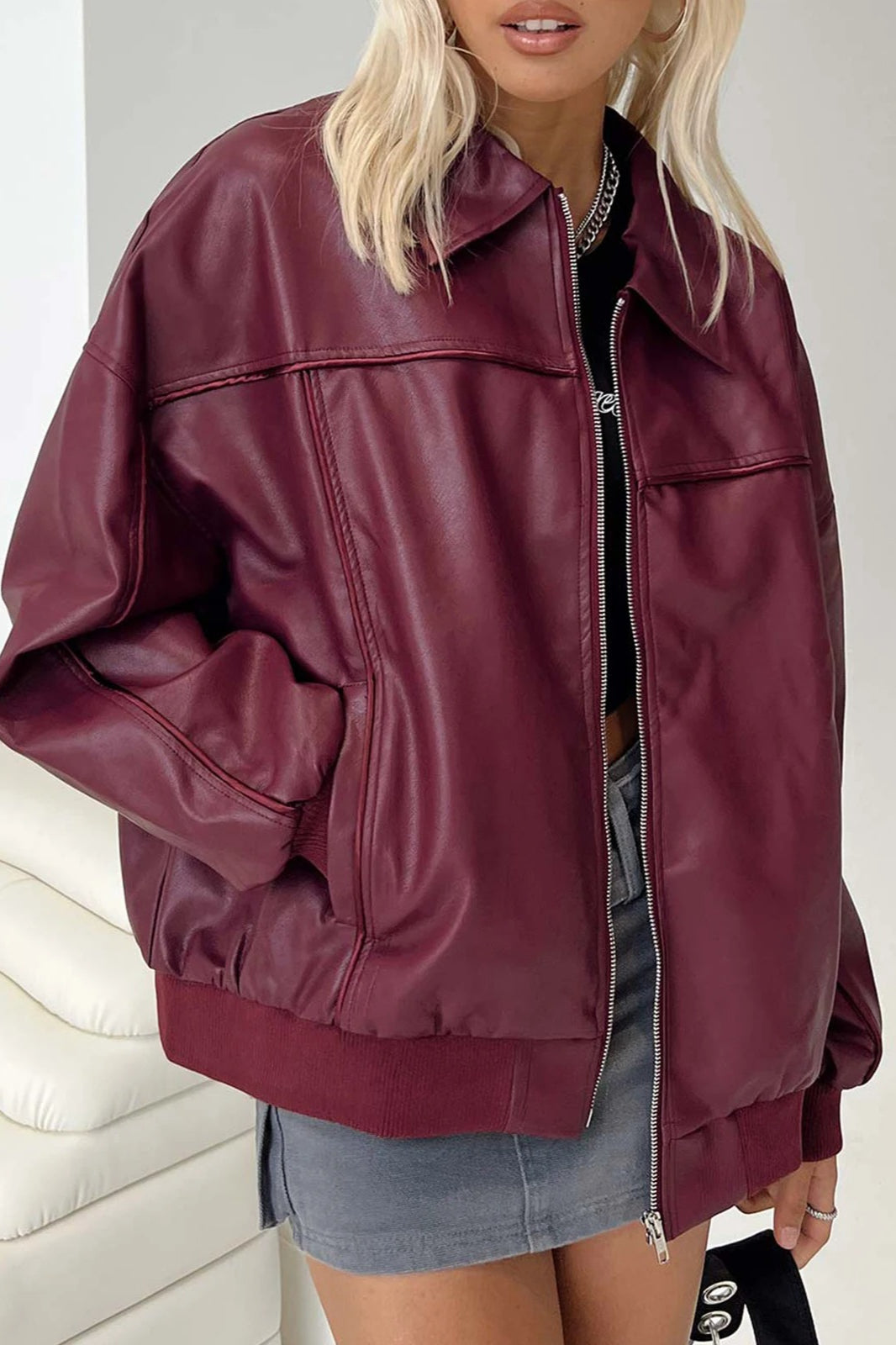 Lapel Collar Faux Leather Motorcycle Jacket