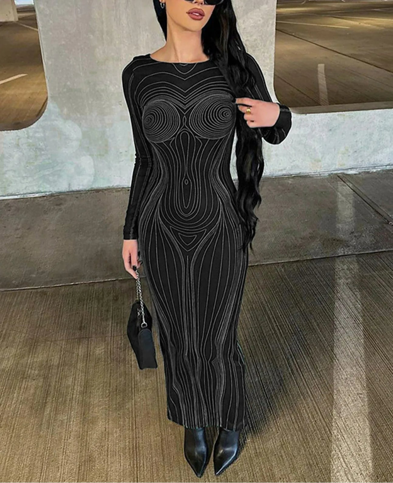 Striped See Through Bodycon Maxi Dress