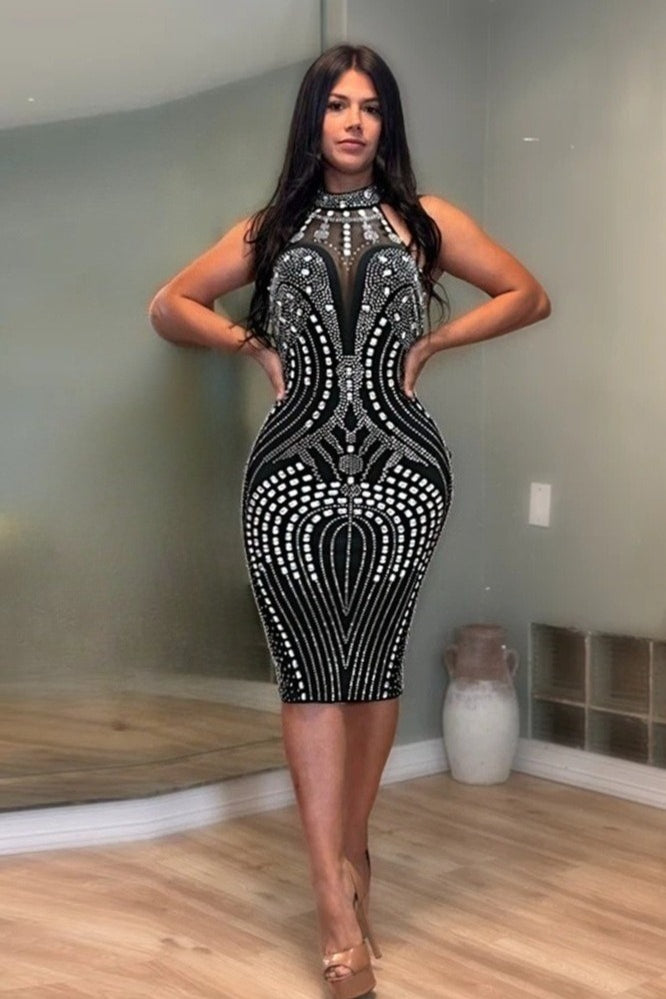 Backless Sleeveless Rhinestone Mesh Milk Silk Cocktail Dress