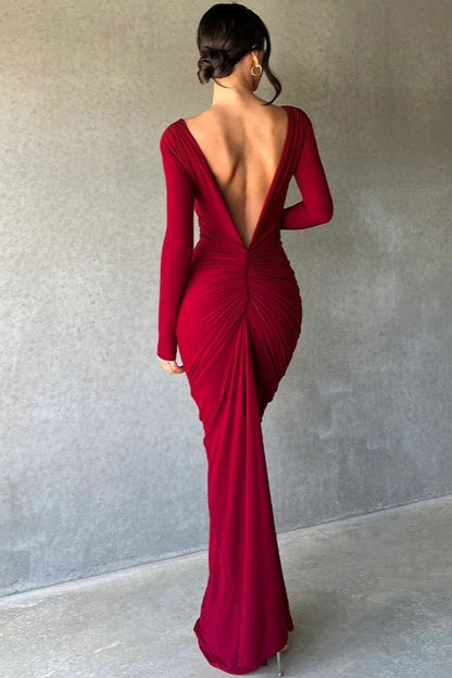 Sexy V Neck Bodycon Ruched Solid Long Sleeve Formal Dress