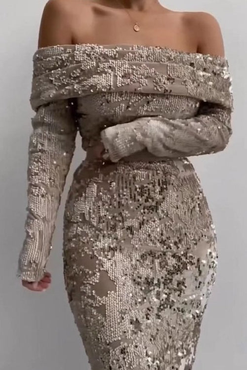 Gold Foil Sexy Formal Maxi Sequin Dress