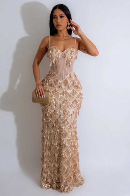 Elegant Spaghetti Strap A-Line Bodycon Maxi Sequin Dress