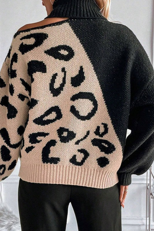 Leopard Patchwork Off Shoulder Sweater