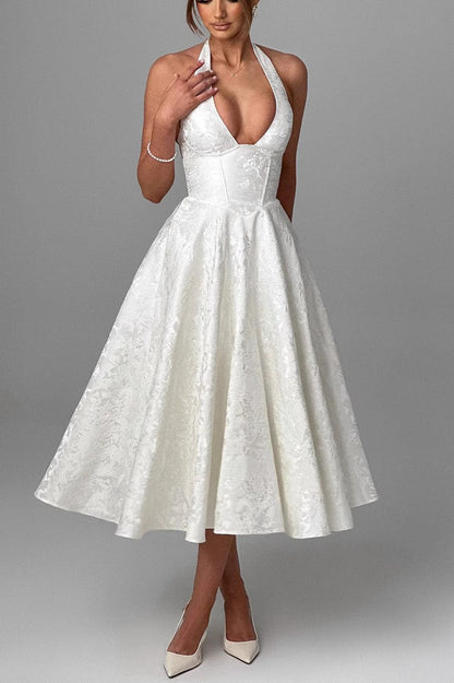 Elegant V Neck Halter Jacquard Sleeveless Backless Formal Dress