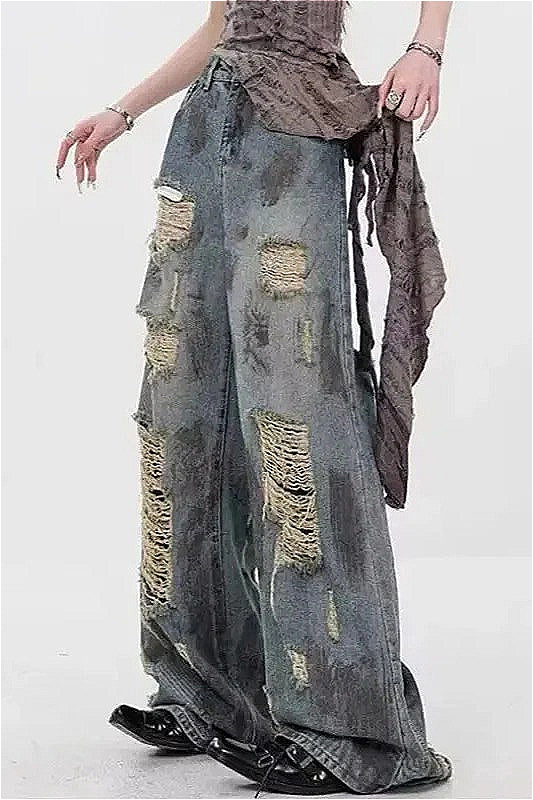 Ripped Mid Rise Straight Leg Jeans