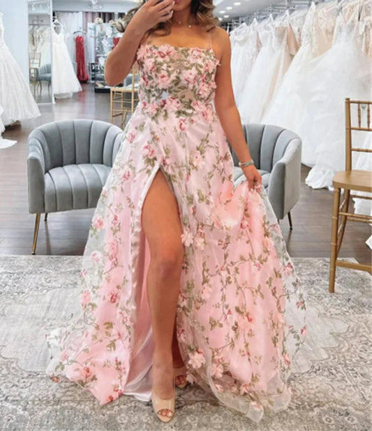 Pink Lace Split Prom Dress