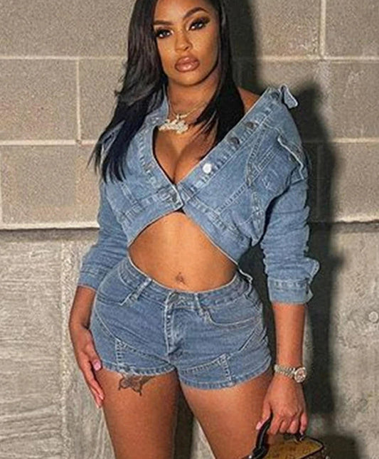 Denim Hipster Crop Button Pocket Jacket Two Piece Shorts Set