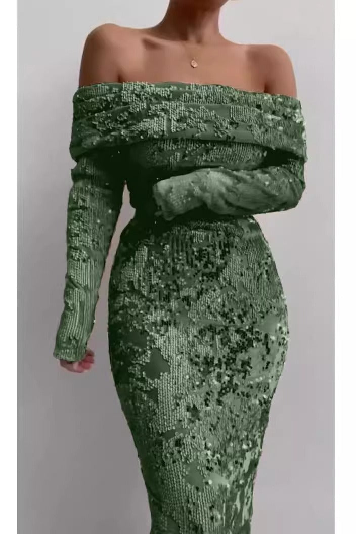 Gold Foil Sexy Formal Maxi Sequin Dress