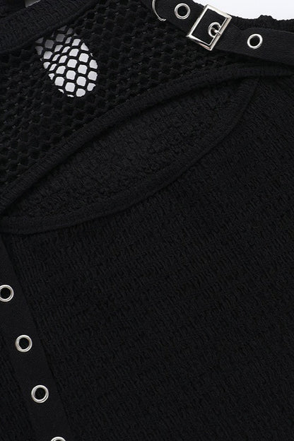 Mesh Patchwork Off Shoulder T-Shirt