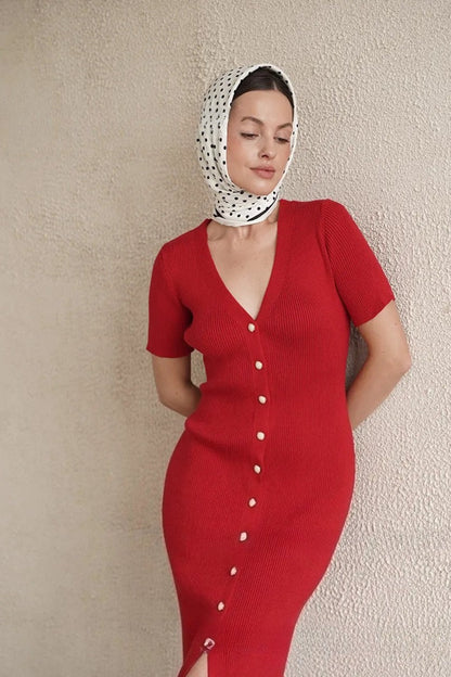 Waist Cinched V Neck Single Breasted Short Sleeve Knit Maxi Sweater Dress