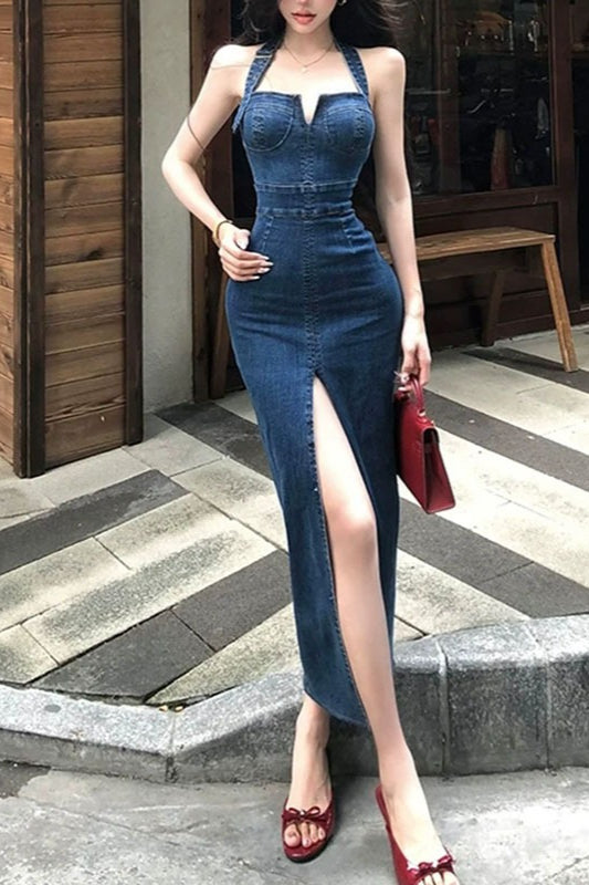 Halter Split Maxi Denim Dress