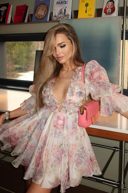 Puff Sleeve Mini Floral Dress