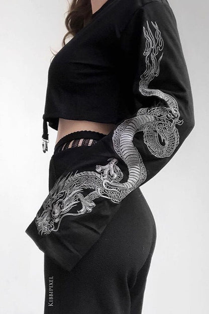 Gothic Dragon Print Cropped Hoodie