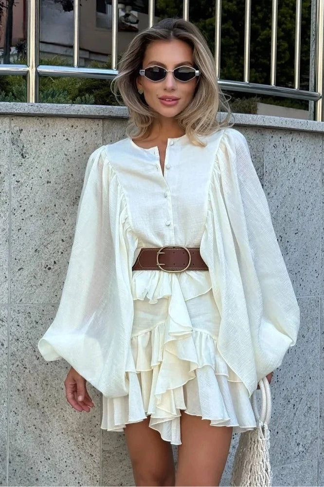 Round Neck Ruffle Edge Mini Dress