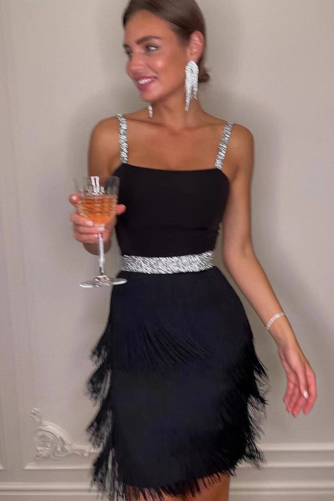 Elegant Black White Blue Sling Fringe Midi Cocktail Dress