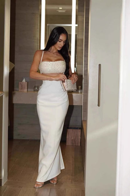 Backless Spaghetti Strap Ruched Knit Maxi Sequin Dress