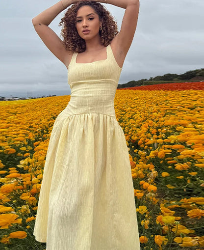 Pleated Slip Dress Casual Backless Midi Dress