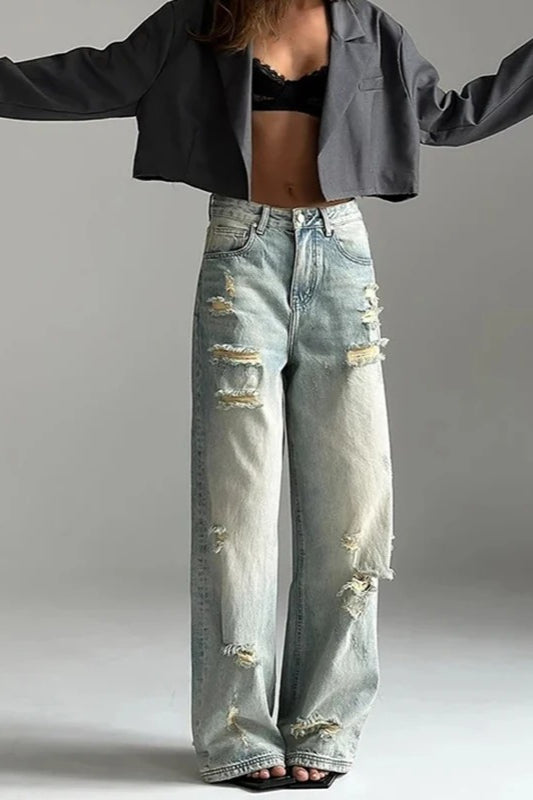 High Waist Ripped Straight Leg Jeans