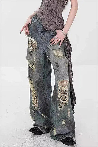 Ripped Mid Rise Straight Leg Jeans