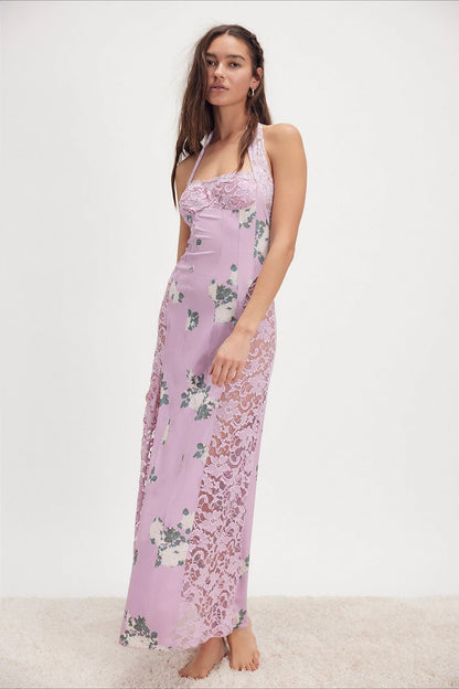 Elegant Floral Spaghetti Strap Maxi Lace Dress