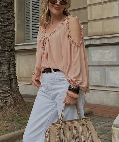 Women Summer Versatile V-neck Lace-up Chiffon Blouse
