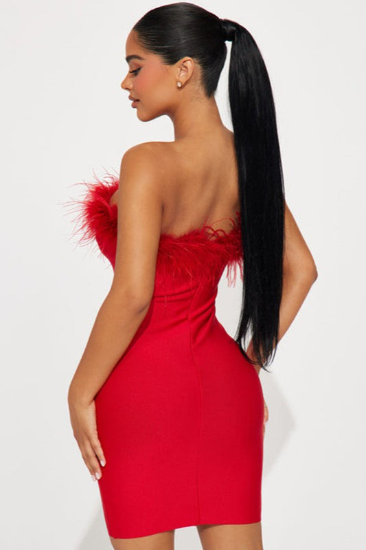 Feather Trim Strapless Party Dress