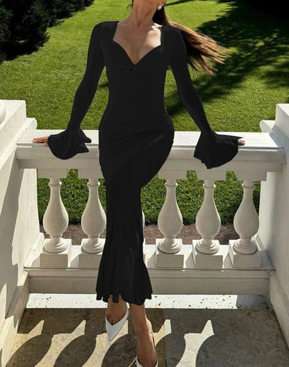 Flare Sleeve Ruched Ruffle Maxi Dress