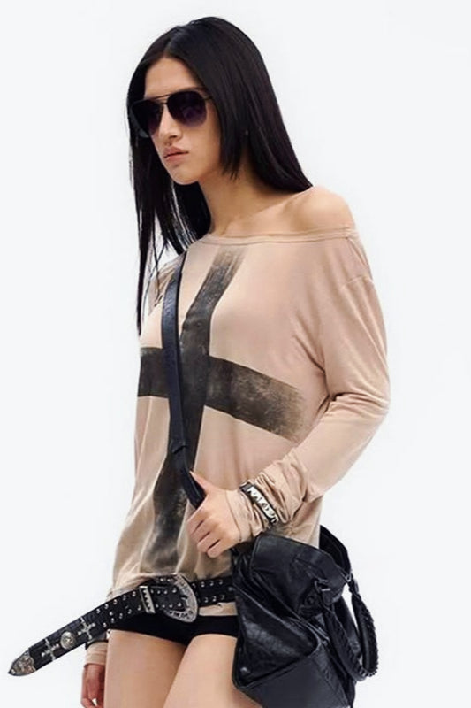 Cross Print Asymmetrical T-Shirt