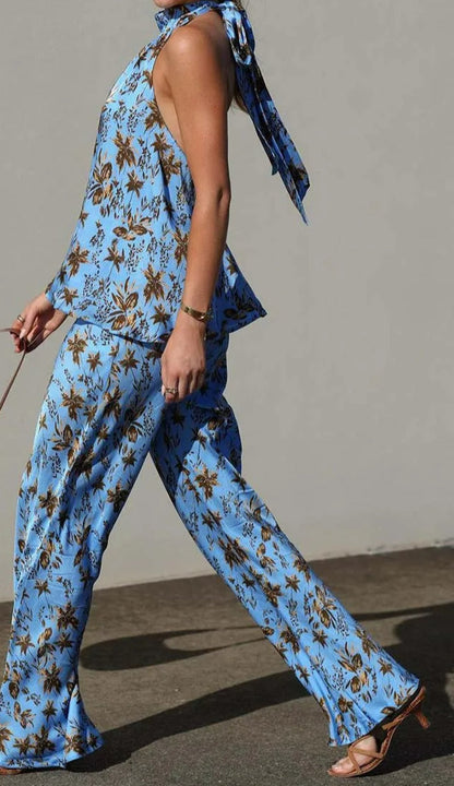 Blue Print Open Back Pants Set