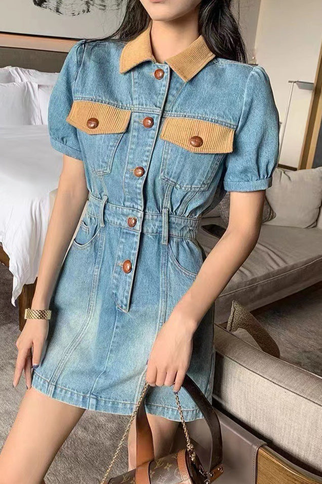 Color Block Waist Cinch Denim Dress