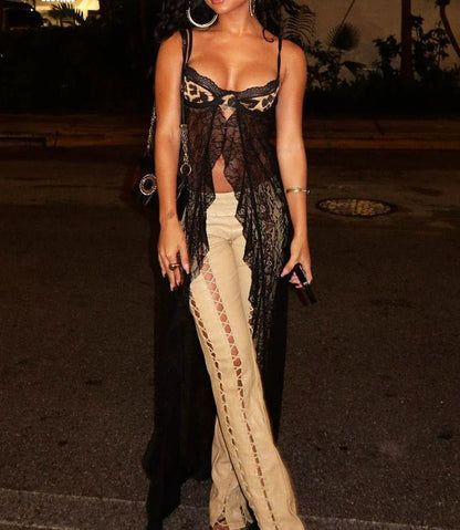 Sexy Suspender Patchwork Mesh Sheer Top