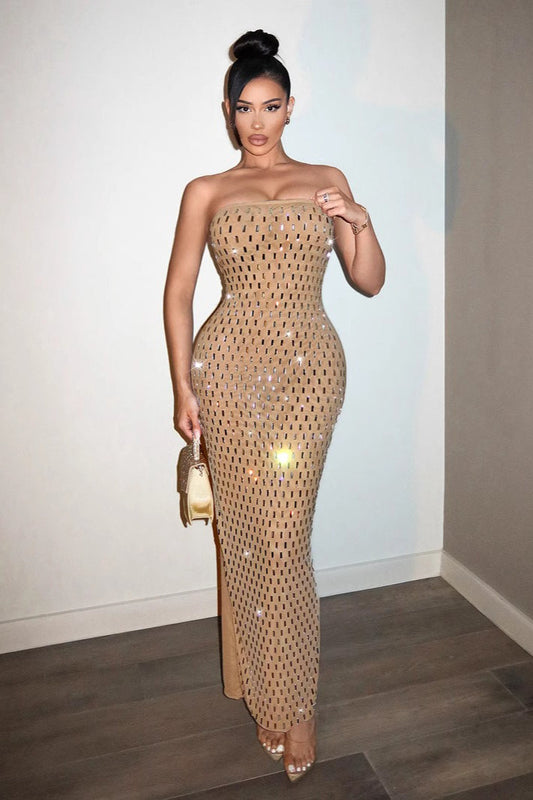 Luxury Rhinestone Bodycon Strapless Sequin Dress