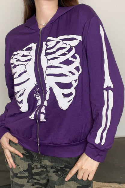 Street Style Skeleton Print Zipper Hoodie