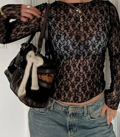 Floral Print Mesh O-Neck Long Sleeve Sheer Top