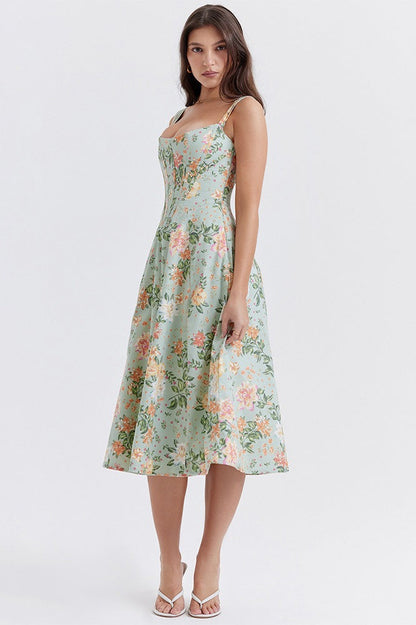 Floral Boned Spaghetti Strap Party Dress