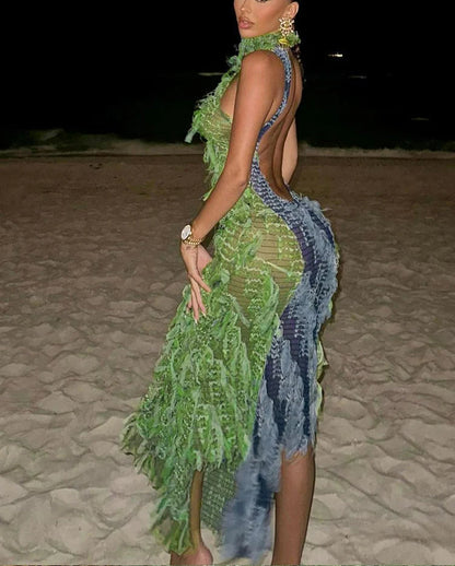 Tassel See Through Halter Backless Midi Dress