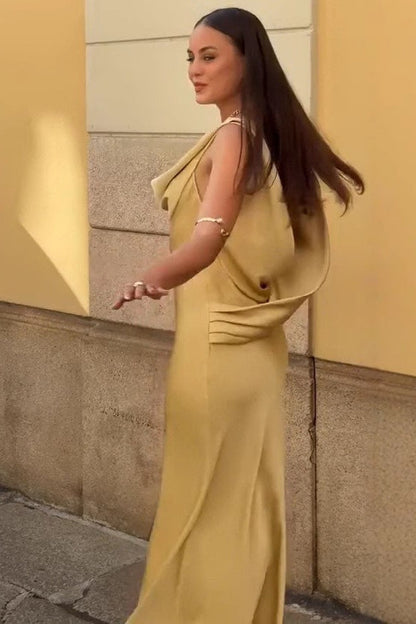 Draped Neck Backless Waist Cinch Elegant Sexy Formal Dress