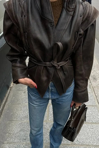 Vintage V-neck Belted Faux Leather Jacket