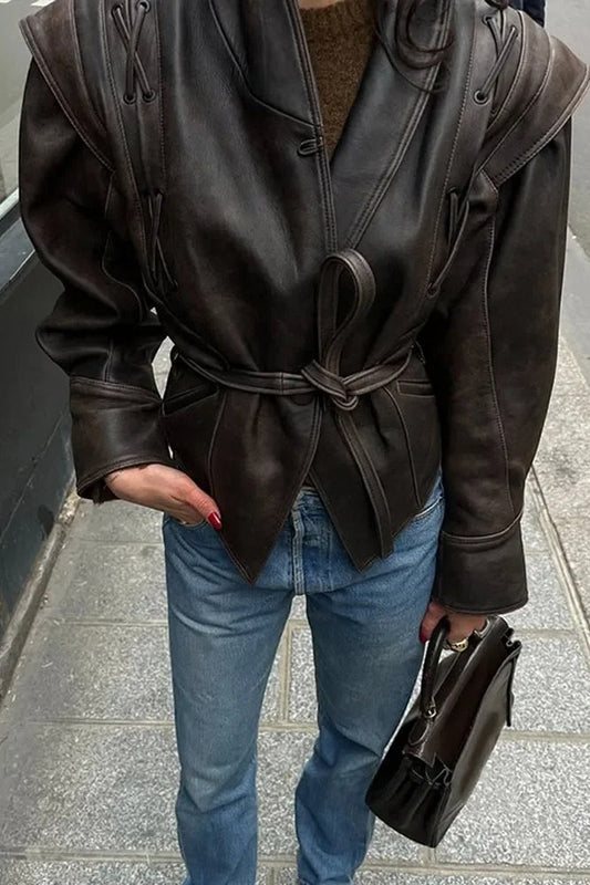 Vintage V-neck Belted Faux Leather Jacket