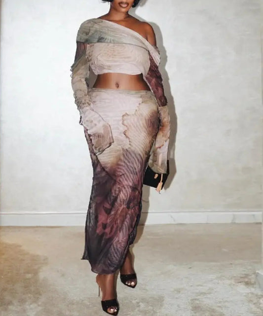 Aesthetic Print Drawstring Maxi Two Piece Skirt Set