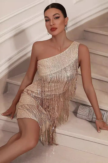 Sexy Asymmetric Shoulder Sequin Tassel Bodycon Cocktail Dress
