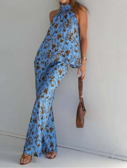 Blue Print Open Back Pants Set
