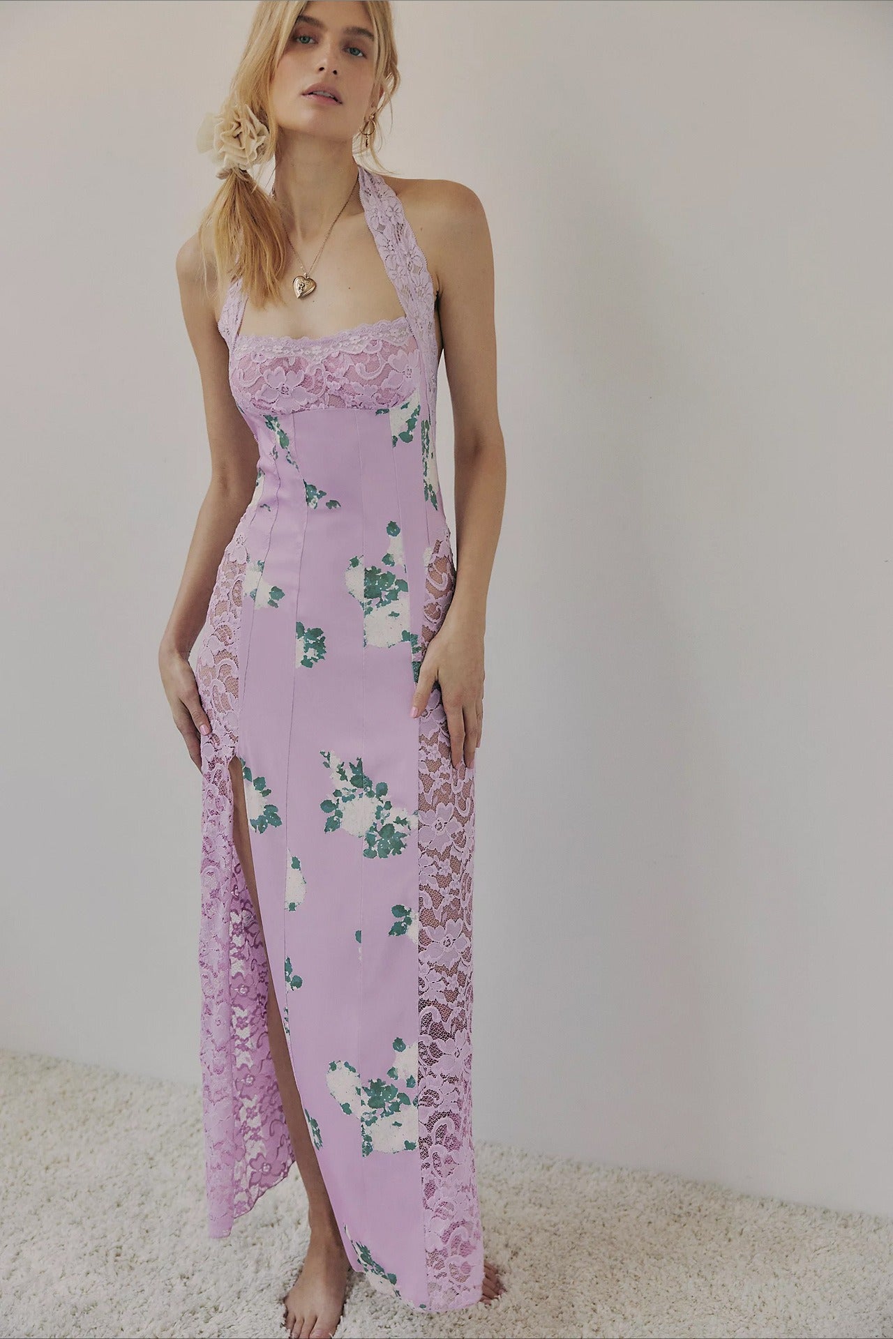 Elegant Floral Spaghetti Strap Maxi Lace Dress