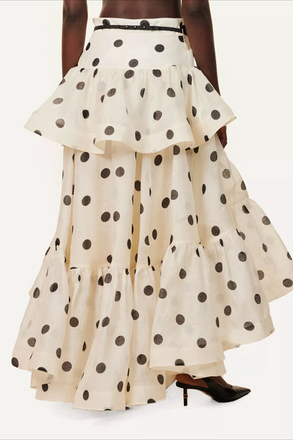 Tiered Ruffle Polka Dot Midi Skirt