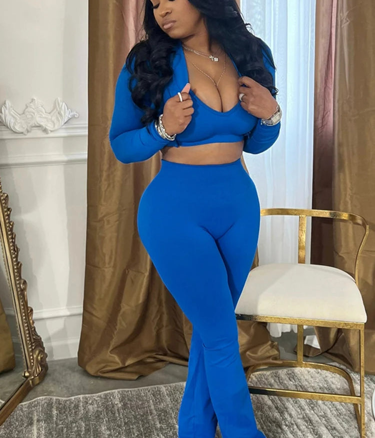 Crop Jacket Flared Two Piece Pants Set