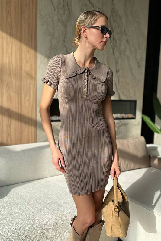 Fitted Peter Pan Collar Short-Sleeve Cable-Knit Sweater Dress