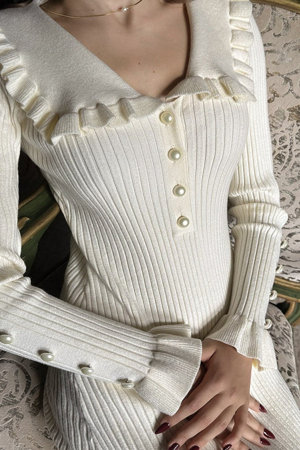 Chic Ruffled Collar Knitted Maxi Sweater Dress