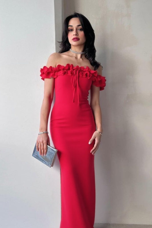 Ruffle Trim Bardot Party Dress